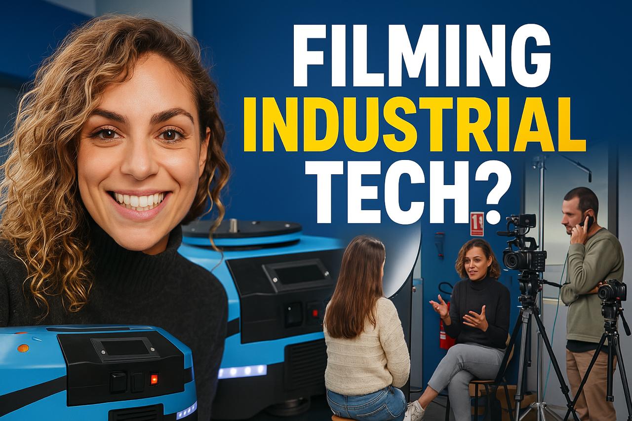 Suitbro production team filming industrial technology content featuring AGVs in a modern factory setting